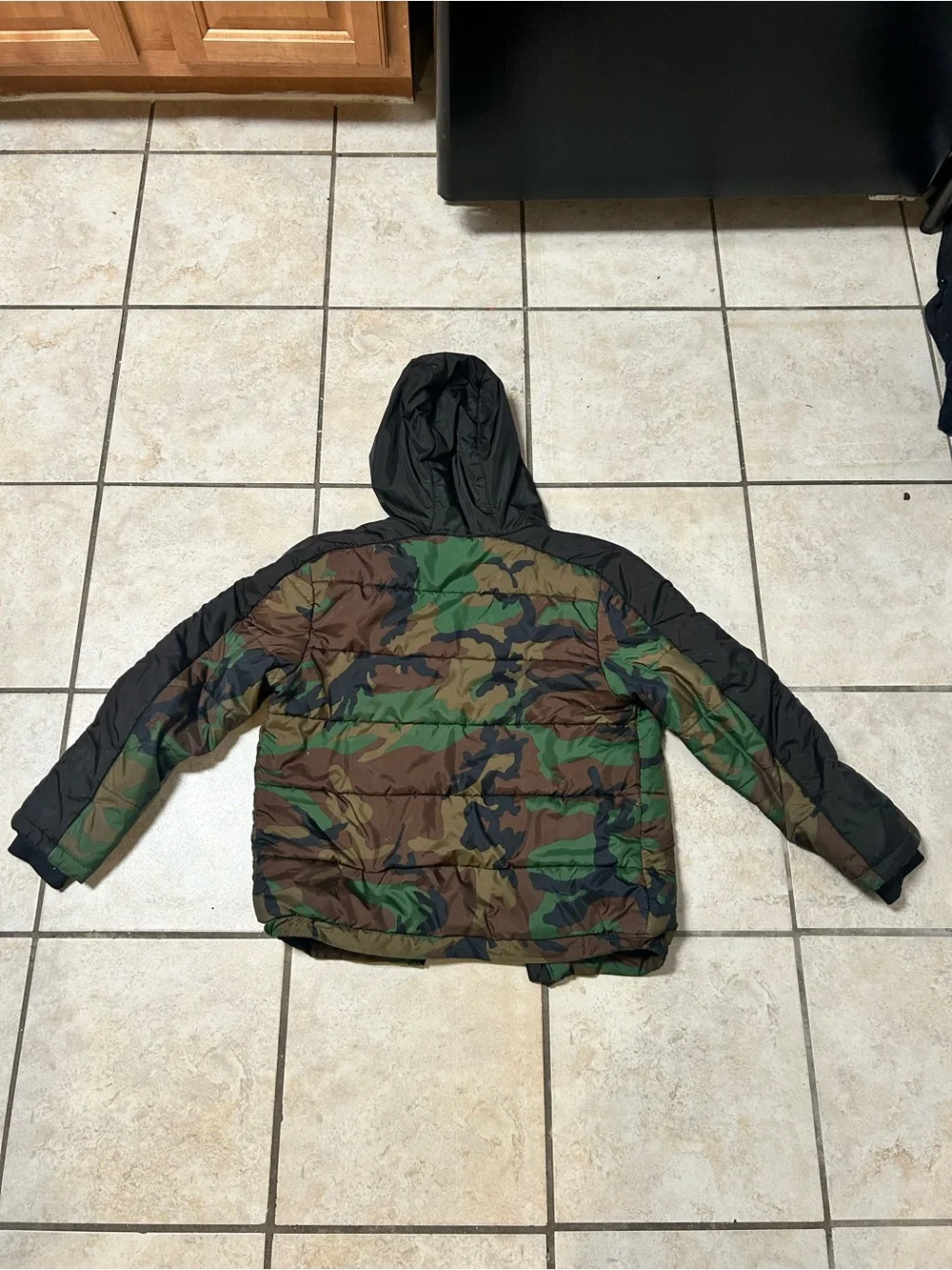 Jordan Camo Puffer Jacket in Green and Brown with Black Hood